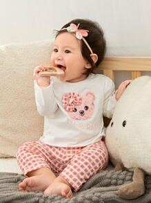 Baby Cartoon And Letter Graphic Tee & Gingham Trousers - Multicolor - View 1