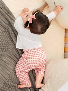 Baby Cartoon And Letter Graphic Tee & Gingham Trousers - Multicolor - View 2