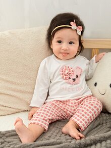 Baby Cartoon And Letter Graphic Tee & Gingham Trousers - Multicolor - View 5