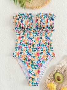 SHEIN Swim Bañador una pieza bandeau con estampado floral pecho con fruncido - Multicolor - Ver 6