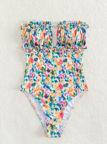 SHEIN Swim Bañador una pieza bandeau con estampado floral pecho con fruncido - Multicolor - Ver 5
