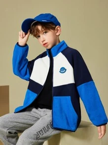 Niños Abrigo teddy con diseño de parche de color combinado de manga raglán - Azul y blanco - Ver 1