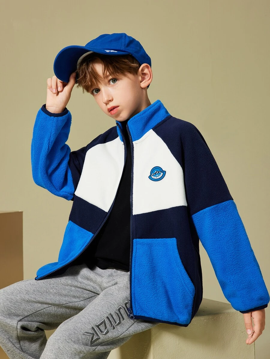 Niños Abrigo teddy con diseño de parche de color combinado de manga raglán - Azul y blanco - Ver 1