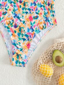 SHEIN Swim Bañador una pieza bandeau con estampado floral pecho con fruncido - Multicolor - Ver 3