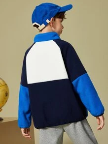 Niños Abrigo teddy con diseño de parche de color combinado de manga raglán - Azul y blanco - Ver 2