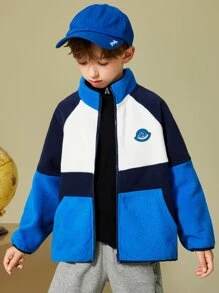 Niños Abrigo teddy con diseño de parche de color combinado de manga raglán - Azul y blanco - Ver 3