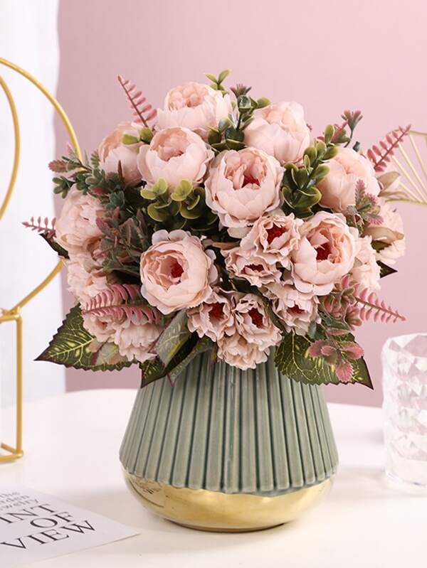 1pc Artificial Flower Bundle, Pink Fake Flower Bouquet, For Wedding