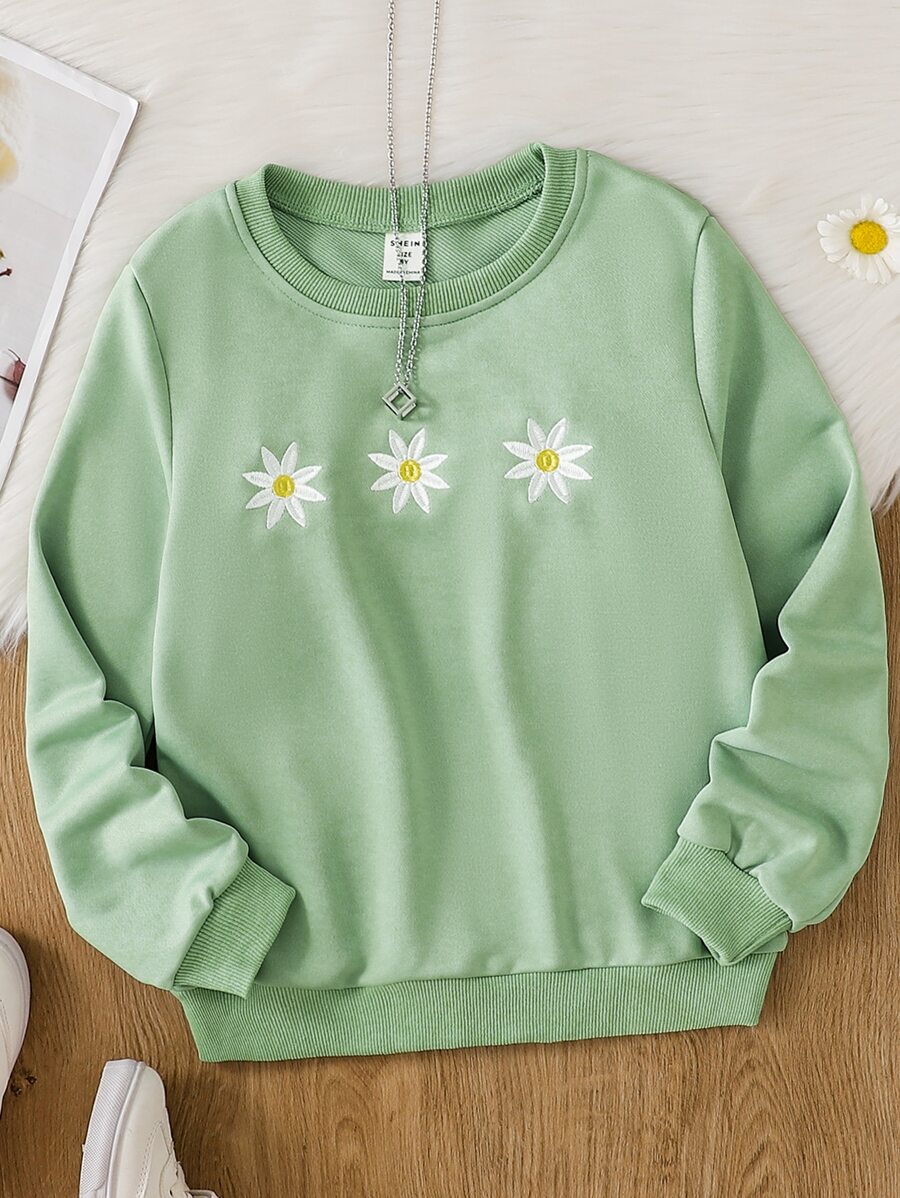 Tween Girl Floral Embroidery Sweatshirt - Green - View 1