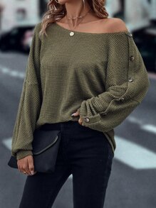 Waffle Knit Boat Neck Tee - Army Green - View 1