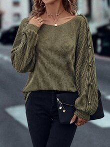 Waffle Knit Boat Neck Tee - Army Green - View 5