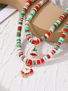 Christmas Santa Claus & Tree Charm Layered Necklace - Multicolor - View 4