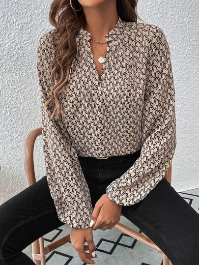 EMERY ROSE Allover Print Notched Neck Bishop Sleeve Blouse,Long Sleeve Tops Fall Cloth For Women