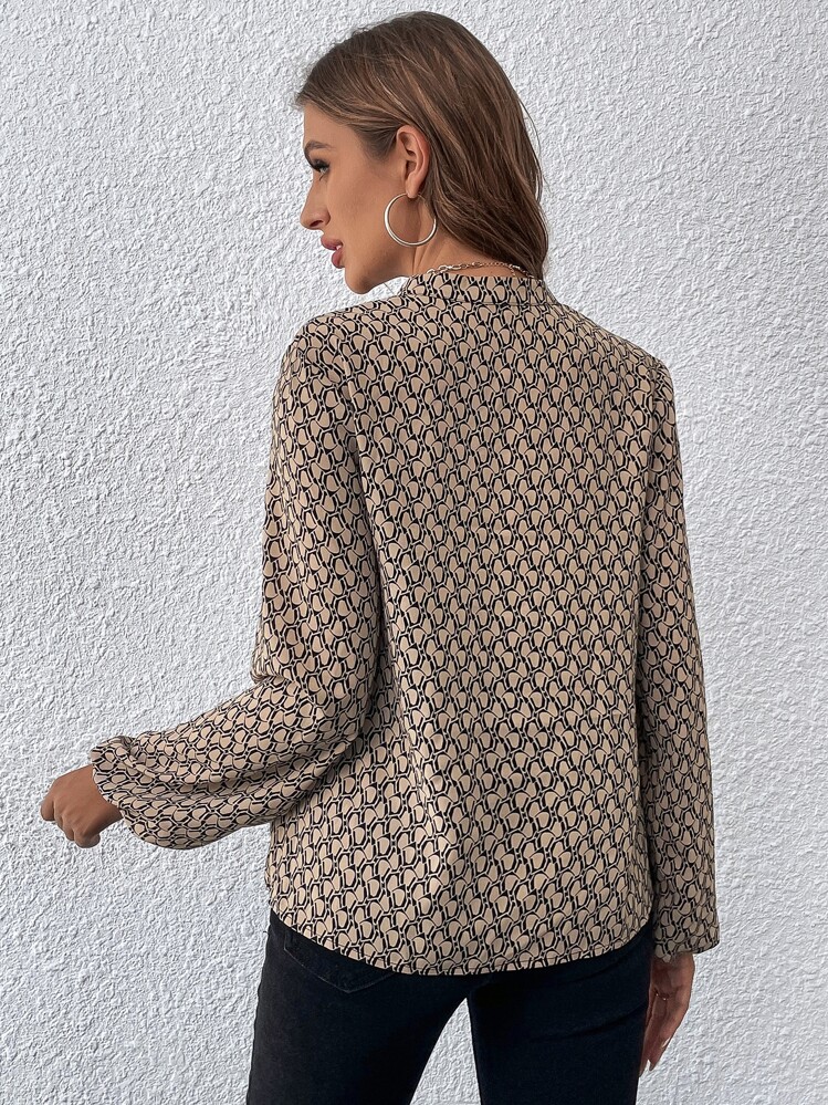 EMERY ROSE Blusa con mangas de obispo de cuello con muesca con estampado total, blusas de manga larga - Albaricoque - Añade 2