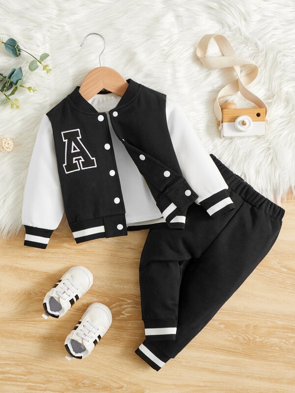 SHEIN Baby Boy Letter Graphic Colorblock Bomber Jacket & Sweatpants