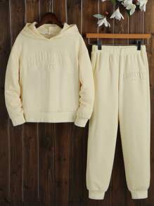 女孩字母紋理質感落肩袖連帽衫和運動褲 - 卡其色 - 查看 1