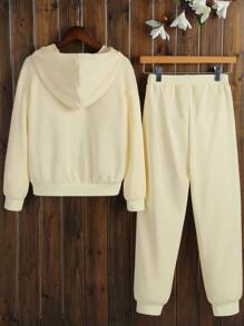 女孩字母紋理質感落肩袖連帽衫和運動褲 - 卡其色 - 查看 2