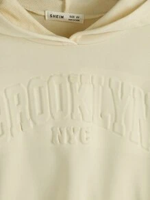 女孩字母紋理質感落肩袖連帽衫和運動褲 - 卡其色 - 查看 3