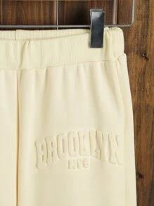 女孩字母紋理質感落肩袖連帽衫和運動褲 - 卡其色 - 查看 4