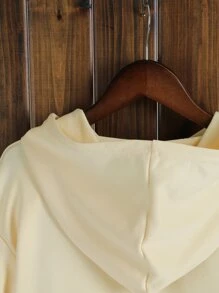 女孩字母紋理質感落肩袖連帽衫和運動褲 - 卡其色 - 查看 5