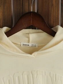 女孩字母紋理質感落肩袖連帽衫和運動褲 - 卡其色 - 查看 8