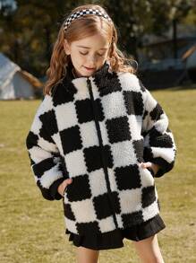 Tween Girl Checker Pattern Slant Pocket Teddy Coat - Black and White - View 1