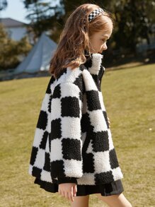 Tween Girl Checker Pattern Slant Pocket Teddy Coat - Black and White - View 3