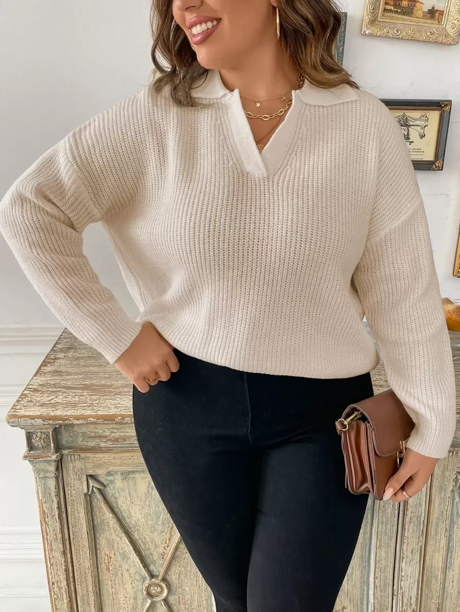 SHEIN LUNE Suéter de punto acanalado con hombros caídos, para invierno, jersey de punto de otoño - Beis - Ver 1