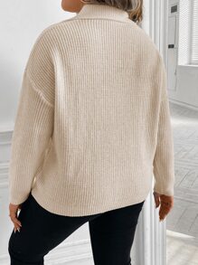 SHEIN LUNE Suéter de punto acanalado con hombros caídos, para invierno, jersey de punto de otoño - Beis - Ver 2