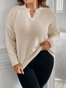 SHEIN LUNE Suéter de punto acanalado con hombros caídos, para invierno, jersey de punto de otoño - Beis - Ver 3