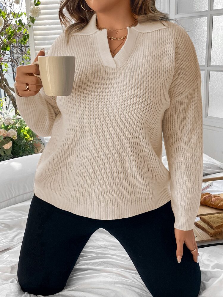 Plus Ribbed Knit Drop Shoulder Sweater, For Winter Knit Pullover Fall Autumn