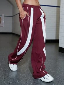 拼接滾邊闊腿褲 - 紫紅色 - 查看 7