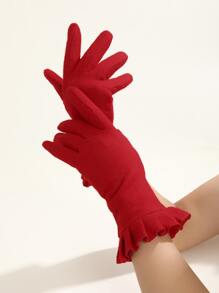 1對女性紅色新設計暖織手套，帶有蕾絲袖口，適用於約會、騎乘、駕駛和寒冷的冬季 - 紅色 - 查看 1