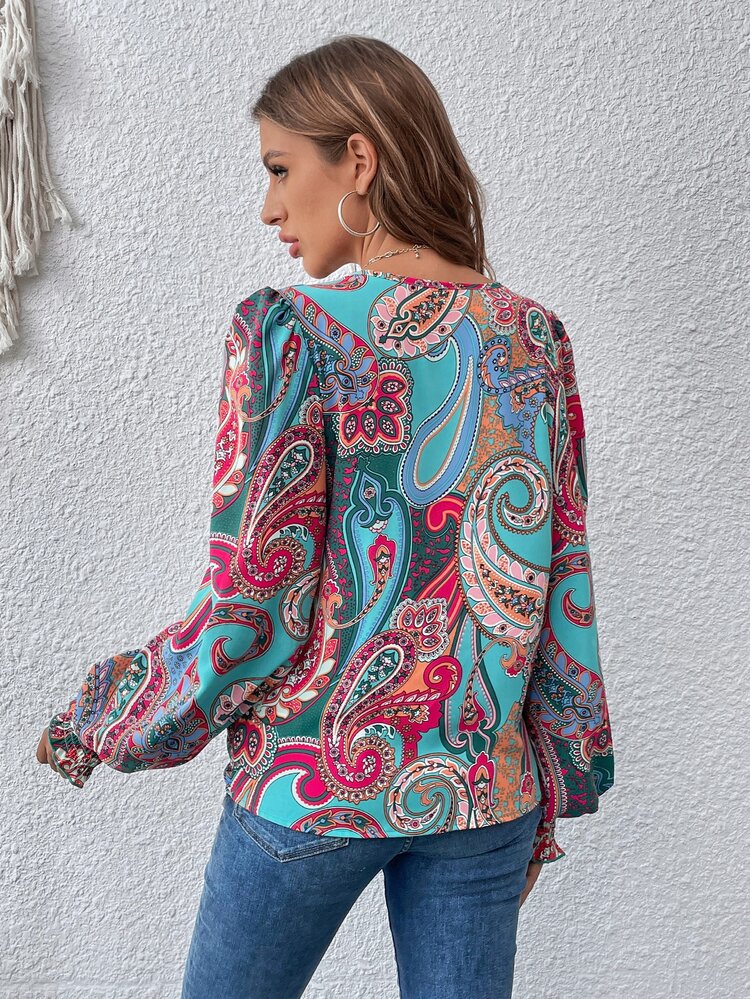 SHEIN LUNE Paisley Print Flounce Sleeve Blouse - Multicolor - View 2