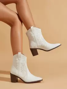 Embroidery Detail Chunky Heeled Western Boots Cowboy Boots - White - View 1