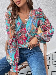 SHEIN LUNE Paisley Print Flounce Sleeve Blouse - Multicolor - View 3
