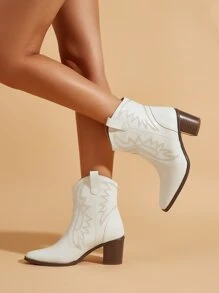 Embroidery Detail Chunky Heeled Western Boots Cowboy Boots - White - View 3