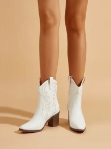 Embroidery Detail Chunky Heeled Western Boots Cowboy Boots - White - View 4