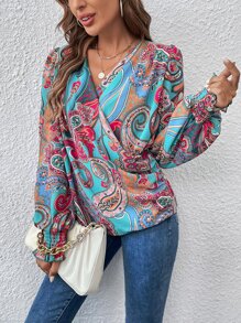 SHEIN LUNE Paisley Print Flounce Sleeve Blouse - Multicolor - View 4