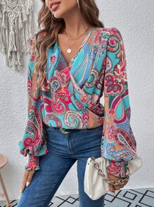 SHEIN LUNE Paisley Print Flounce Sleeve Blouse - Multicolor - View 5