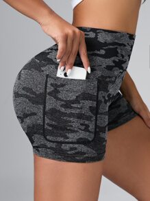 Camo Print Sports Shorts With Phone Pocket - Dark Grey - View 2