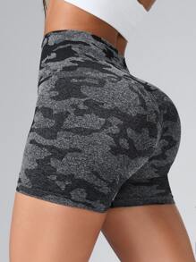 Camo Print Sports Shorts With Phone Pocket - Dark Grey - View 1