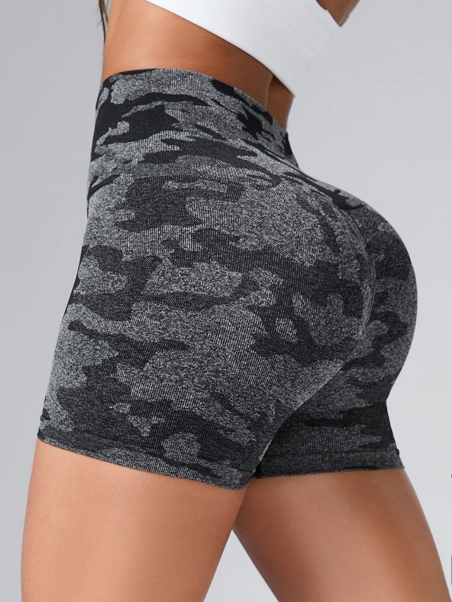 Camo Print Sports Shorts With Phone Pocket - Dark Grey - View 1