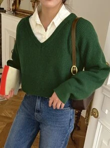 DAZY Jersey unicolor de manga raglán de cuello V - Verde - Ver 1