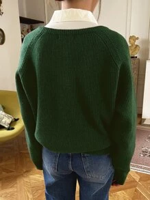 DAZY Jersey unicolor de manga raglán de cuello V - Verde - Ver 2