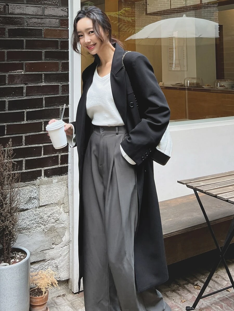 DAZY Lapel Collar Double Breasted Coat - Black - View 1