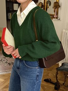 DAZY Jersey unicolor de manga raglán de cuello V - Verde - Ver 5