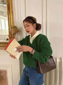 DAZY Jersey unicolor de manga raglán de cuello V - Verde - Ver 6