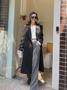 DAZY Lapel Collar Double Breasted Coat - Black - View 3