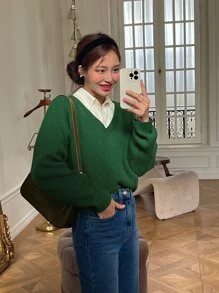 DAZY Jersey unicolor de manga raglán de cuello V - Verde - Ver 8