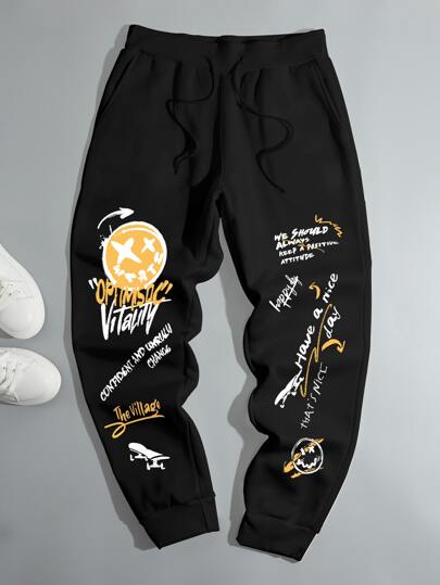 Pantalones de sudadera holgados con cordón para hombre con impresión de letras en negro liso, uso casual en la calle, regalo para novio
